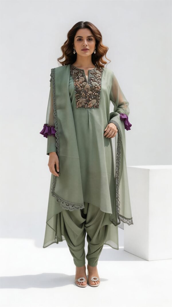 Sage Elegance Embroidered Draped Suit Set