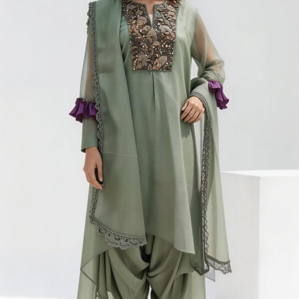 Sage Elegance Embroidered Draped Suit Set